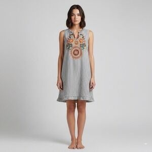 THML Striped Embroidered Dress Medium Sleeveless Ruffled Neck Tie Keyhole Cotton